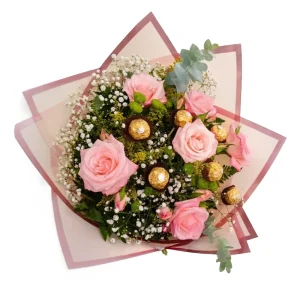 Buquê Premium - 6 Rosas Cor de Rosa e Chocolates