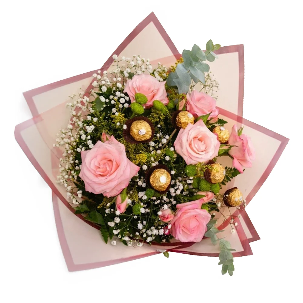 Buquê Premium - 6 Rosas Cor de Rosa e Chocolates