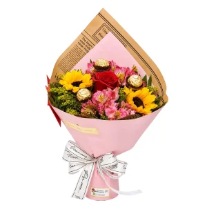 Ramalhete Premium - Rosa, Astromélias, Girassóis e Ferrero Rocher