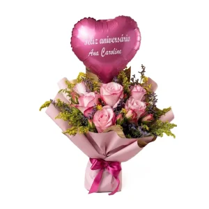 Ramalhete Premium - Rosas Cor de Rosa e Balão Rosa